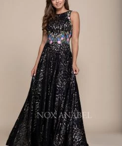Embroidered Long Sleeveless Lace Dress By Nox Anabel 8281