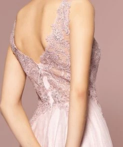 Embroidered Long V-Neck Glitter Dress By Elizabeth K GL2692