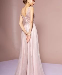 Embroidered Long V-Neck Glitter Dress By Elizabeth K GL2692