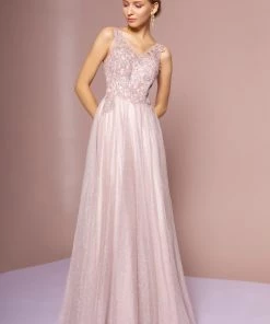 Embroidered Long V-Neck Glitter Dress By Elizabeth K GL2692