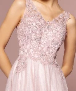 Embroidered Long V-Neck Glitter Dress By Elizabeth K GL2692
