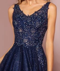 Embroidered Long V-Neck Glitter Dress By Elizabeth K GL2692