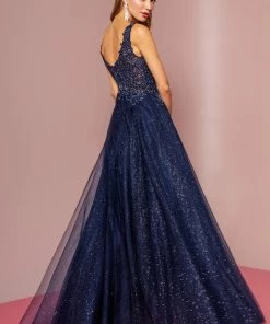Embroidered Long V-Neck Glitter Dress By Elizabeth K GL2692