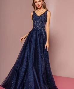 Embroidered Long V-Neck Glitter Dress By Elizabeth K GL2692