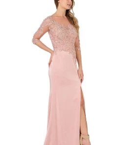 Prom Embroidered Mid Sleeve Gown With Front Slit By Poly USA 7584