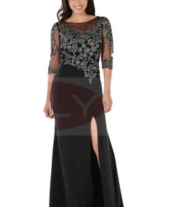 Prom Embroidered Mid Sleeve Gown With Front Slit By Poly USA 7584