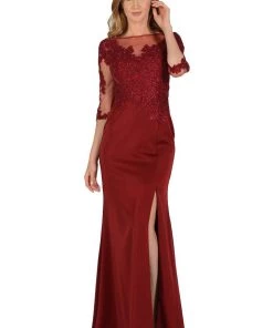 Prom Embroidered Mid Sleeve Gown With Front Slit By Poly USA 7584