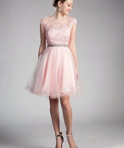 Applique Short Cap Sleeve Dress By Cinderella Divine UJ0012 Prom