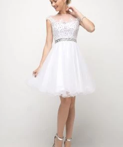 Applique Short Cap Sleeve Dress By Cinderella Divine UJ0012 Prom