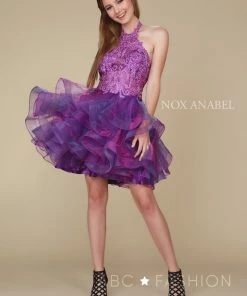 Prom Embroidered Short Halter Dress With Tiered Skirt By Nox Anabel A610