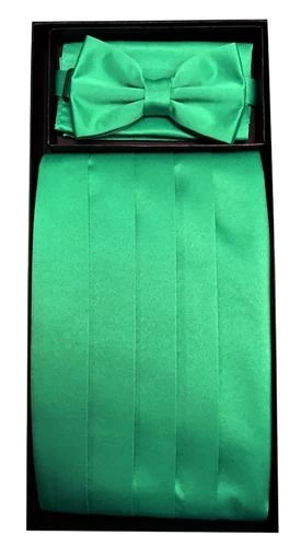 Vesuvio Napoli Emerald Green Poly Satin Cummerbund, Bow Tie, And Hanky Set 3 Vesuvio Napoli Emerald Green Poly Satin Cummerbund, Bow Tie, And Hanky Set