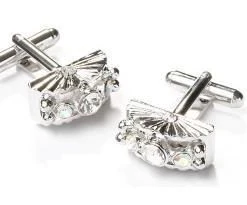 ABC Fashion Fan Shaped Silver Cufflinks With Clear Crystals Men