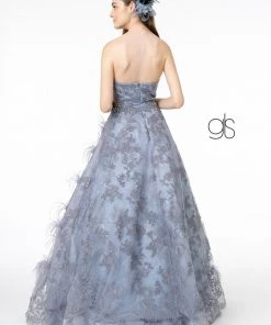 Prom Feather Embellished Strapless Ball Gown By Elizabeth K GL1834