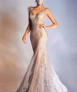 Feather Glitter Mermaid Dress By Cinderella Divine C57 16 Feather Glitter Mermaid Dress By Cinderella Divine C57