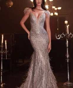 Prom Feather Glitter Mermaid Gown By Cinderella Divine CB088