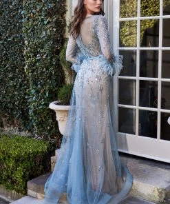 Prom Feather Long Sleeve Gown By Cinderella Divine B716