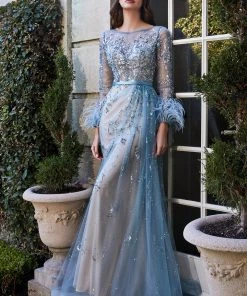Prom Feather Long Sleeve Gown By Cinderella Divine B716