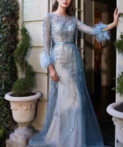 Prom Feather Long Sleeve Gown By Cinderella Divine B716