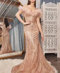Prom Feather Off Shoulder Gown By Cinderella Divine CB082