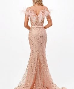 Prom Feather Off Shoulder Gown By Cinderella Divine CB082