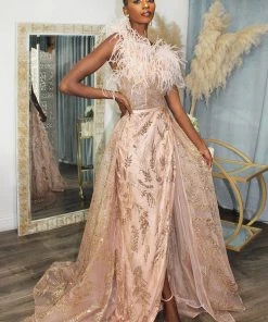 Feather One Shoulder Gown By Cinderella Divine CB083 Prom