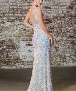 Fitted 3D Iridescent Sequin Gown By Cinderella Divine CD187