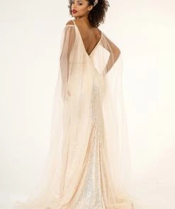 Fitted Cape Sleeve Sequin Gown By Elizabeth K GL1955 Prom