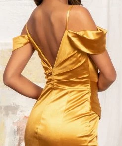 Fitted Cold Shoulder Satin Gown By Elizabeth K GL3060 Prom