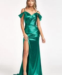 Fitted Cold Shoulder Satin Gown By Elizabeth K GL3060 Prom