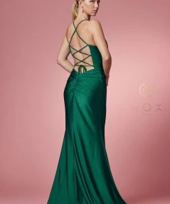 Fitted Cowl Neck Lace-Up Back Gown By Nox Anabel E1007 Prom