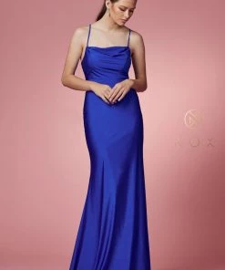 Fitted Cowl Neck Lace-Up Back Gown By Nox Anabel E1007 Prom