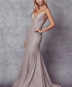 Prom Fitted Deep V-Neck Glitter Gown By Juliet 207 18 Prom Fitted Deep V-Neck Glitter Gown By Juliet 207