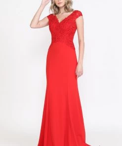 Fitted Embroidered Cap Sleeve Gown By Poly USA 8558 Prom