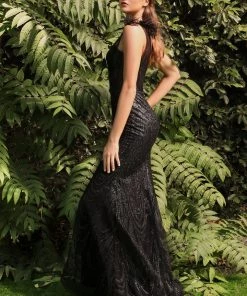 Fitted Feather Glitter Gown By Cinderella Divine CB087