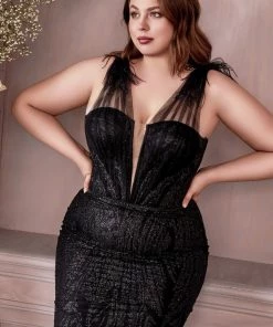 Fitted Feather Glitter Gown By Cinderella Divine CB087