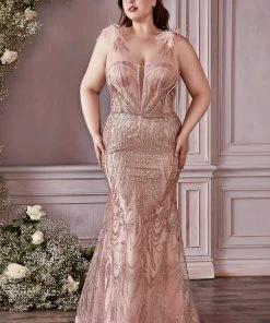 Fitted Feather Glitter Gown By Cinderella Divine CB087
