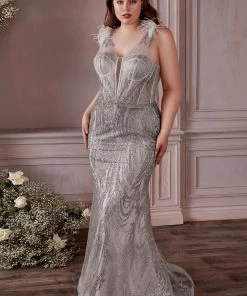 Fitted Feather Glitter Gown By Cinderella Divine CB087