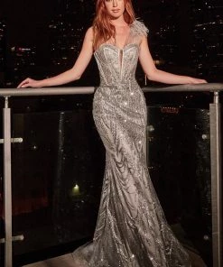 Fitted Feather Glitter Gown By Cinderella Divine CB087