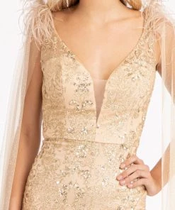 Prom Fitted Glitter Cape Sleeve Gown By Elizabeth K GL3047