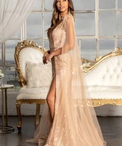 Prom Fitted Glitter Cape Sleeve Gown By Elizabeth K GL3047