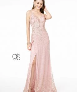 Fitted V-Neck Glitter Gown By Elizabeth K GL1844 Prom
