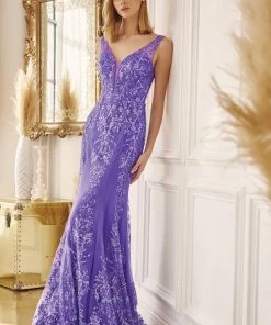 Prom Fitted Glitter Print V-Neck Gown By Juliet 277