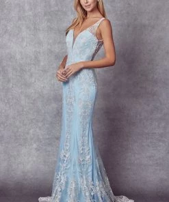 Prom Fitted Glitter Print V-Neck Gown By Juliet 277