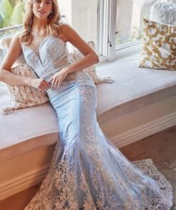 Prom Fitted Glitter Print V-Neck Gown By Juliet 277