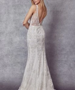 Fitted Glitter Print White Gown By Juliet 277W Prom