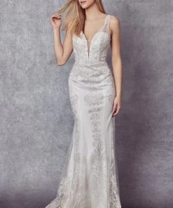 Fitted Glitter Print White Gown By Juliet 277W Prom