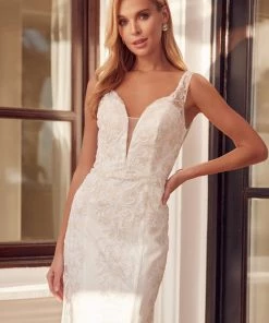 Fitted Glitter Print White Gown By Juliet 277W Prom