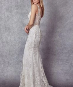 Fitted Glitter Print White Gown By Juliet 277W Prom