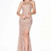 Fitted Glitter Print Halter Gown By Cinderella Divine J2150 Prom
