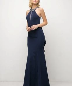 Fitted Halter Gown With Ruffled Back By Cinderella Divine 71484 Prom